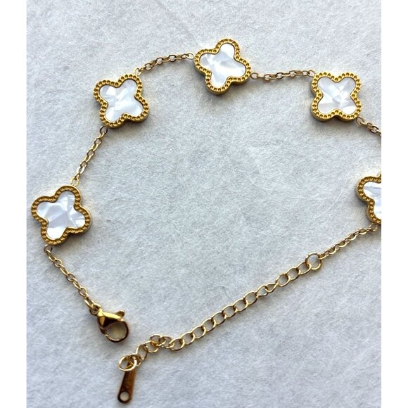 Gold-Plated Bracelet With White Flower Accents & Adjustable Chain For Women - Picture 2 of 3